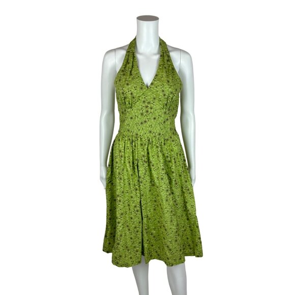 Vintage 50s Style Dress Women's XXS Atomic Starbursts Print Lime Gold Halter Sun - Picture 12 of 13